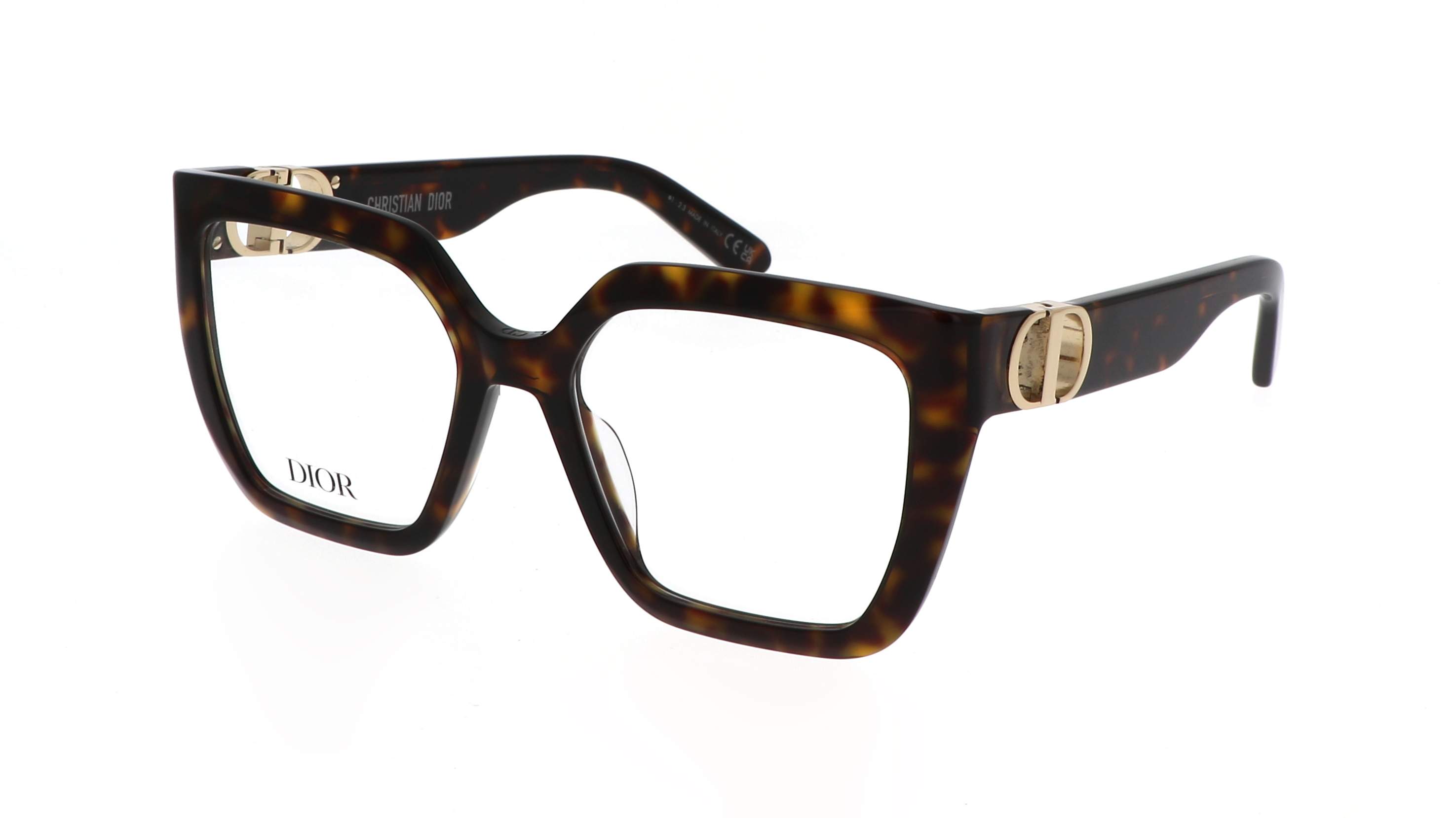 Dior 30MONTAIGNEO S1I 2000 – monture carrée légèrement arrondie en acétate havane avec charnière dorée inspirée du fermoir 30 Montaigne
